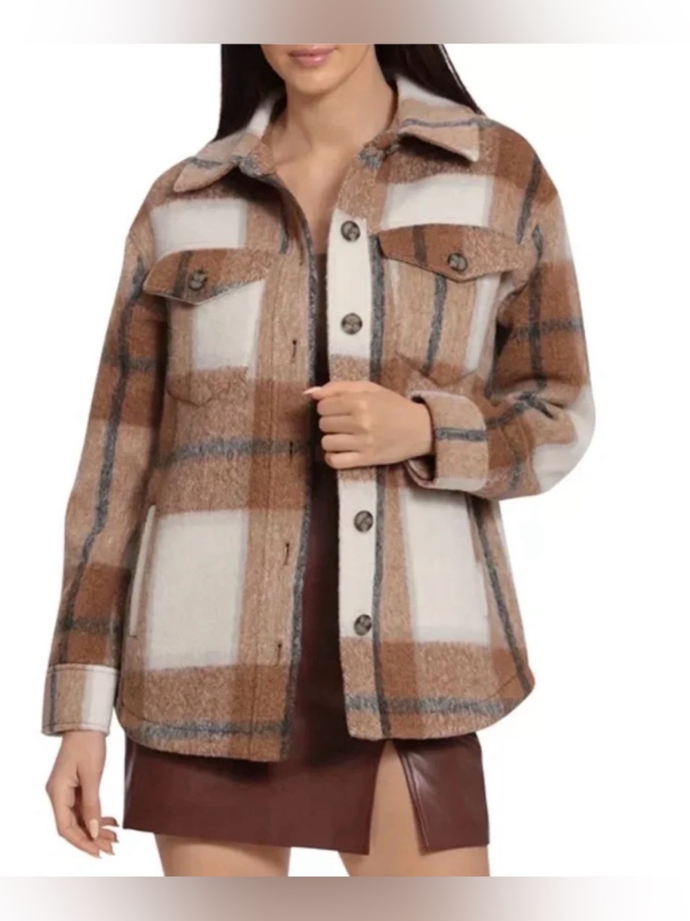 Avec Les Filles Brown and Cream Plaid shirt jacket. Size small.